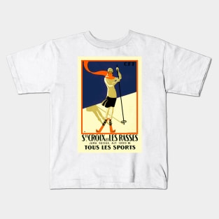 Vintage Swiss Skiing Travel Poster - Ste. Croix et Les Rasses Kids T-Shirt